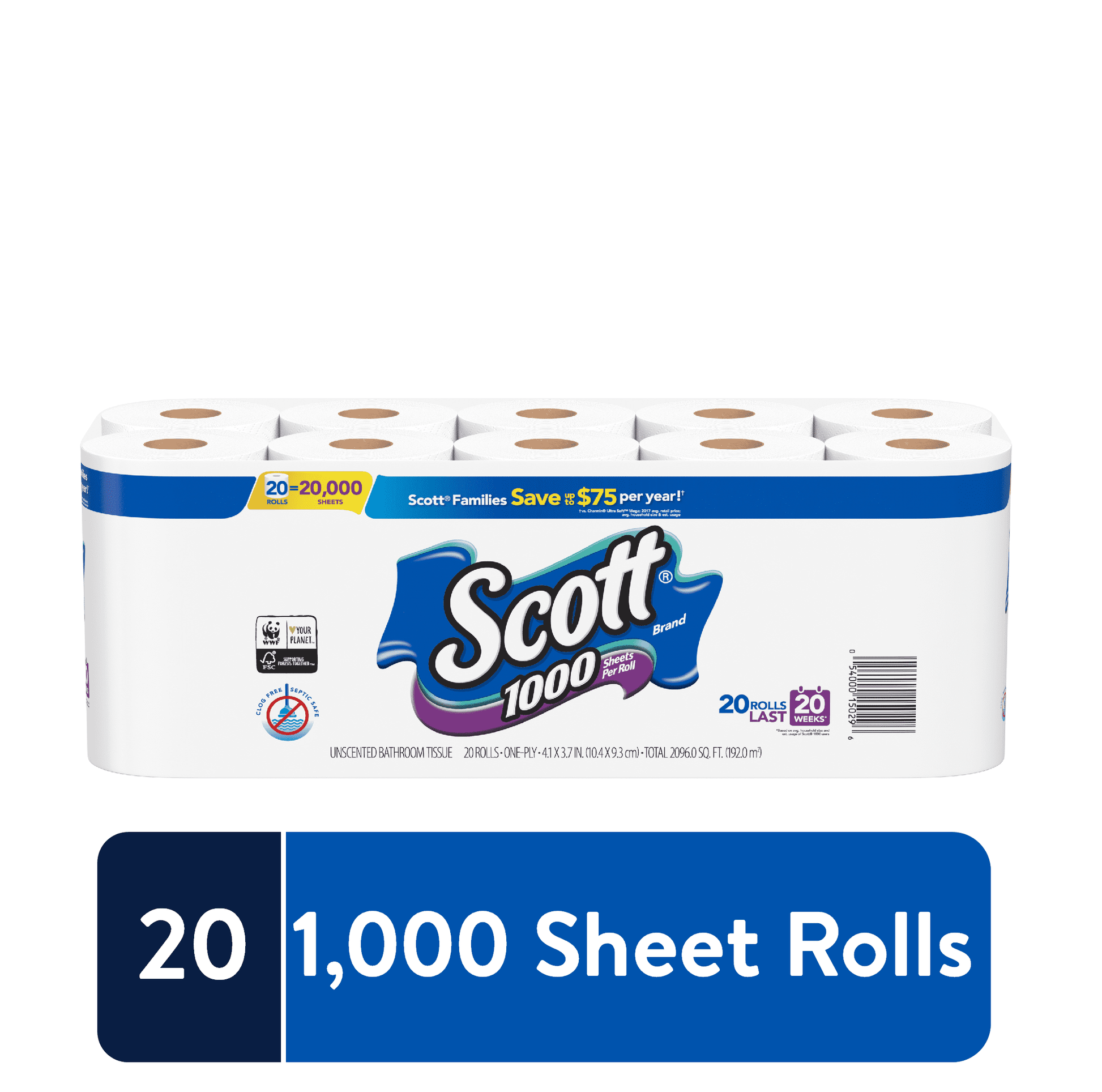 1000 Toilet Paper, 20 Rolls, 1,000 Sheets per Roll (20,000 Total)