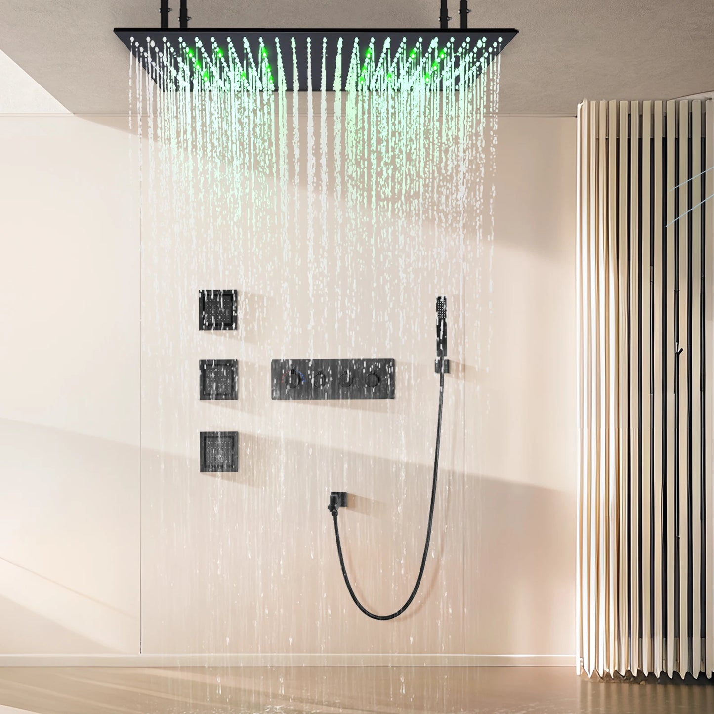 Matting black ceiling LED constant temperature shower faucet set rainfall multi -function side spray shower shower system