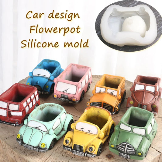 Car Flowerpot Silicone molds Car bus Design Garden plant potted Concrete Pot Mold Homemade Cement flowerpot mold tools