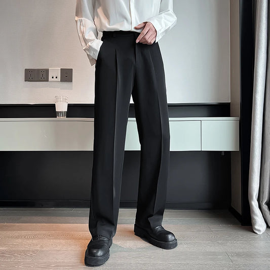 Summer Men Thin Casual Suit Pants Long Straight Drape Silky Wide Loose Trousers Male Elastic Waist Oversize Clothes Black White