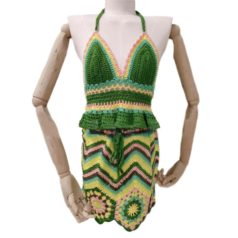 2 Pieces Set Crochet Bikini Cover Up Swimwear Women Top and Bottom Sarongs Swimsuit Beach Cover-ups Wrap Adjustable Waist Skirts