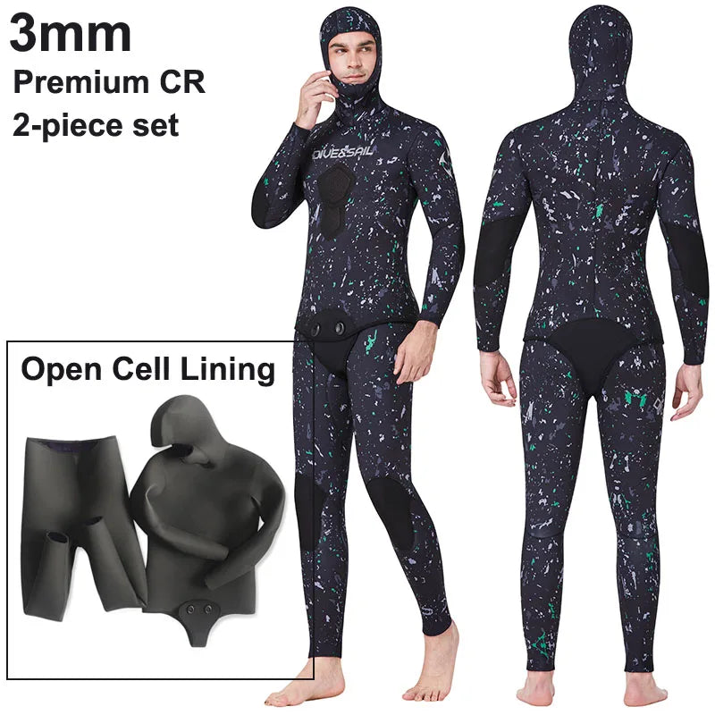 Open Cell Camo Spearfishing Wetsuits Men 3mm /1.5mm Neoprene 2-Pieces Hooded Super Stretch Scuba Diving Suit Thermal Swimsuit