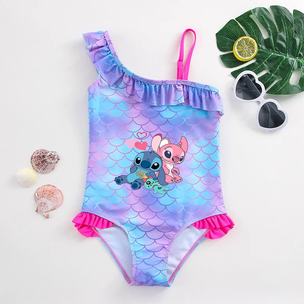 Stitch Girls Swimsuit Fashion Mermaid Fish Scale One-Piece Bathing Suits Children's Dresses Summer Swimwear Beach Suit Kids Wear