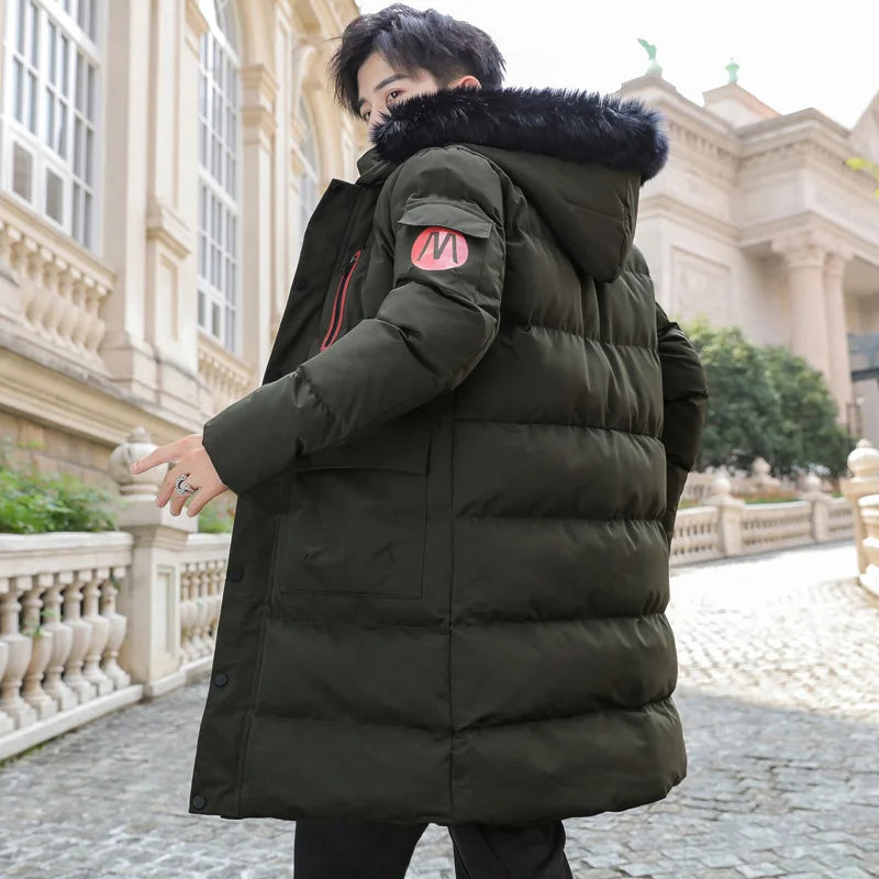 Long Puffer Jacket Men Pleated Solid Padded Windproof Snow Jacket