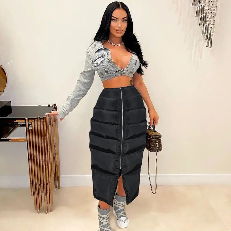 Fashion Women Winter Warm Puff Long Skirts Puffer Quilted Zipper High Waist Bubble Skirts Thicken Split Long Skirt Streetwear