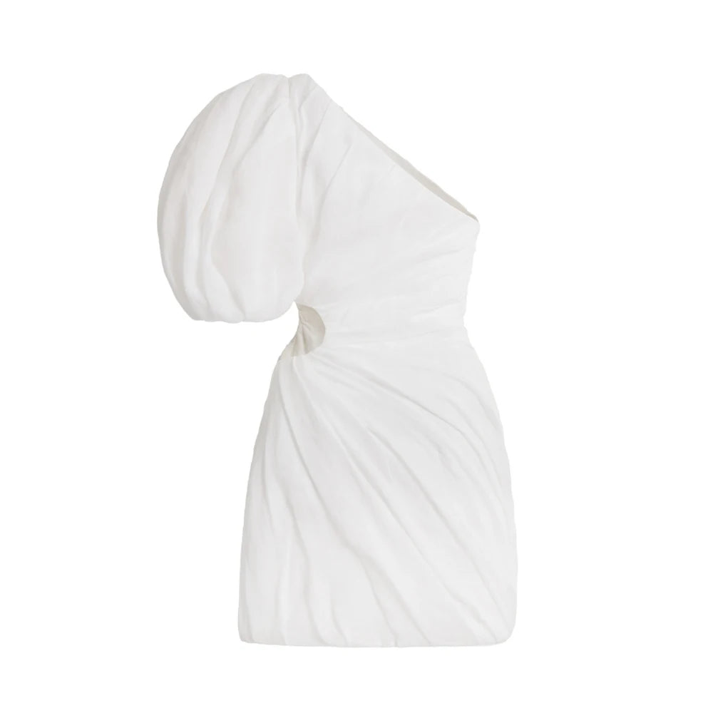 One shoulder Cutout Gathered Ramie Mini Dress Solid White Simple Chic Short Dresses for Women 2024 One-piece Beach Party Skirt