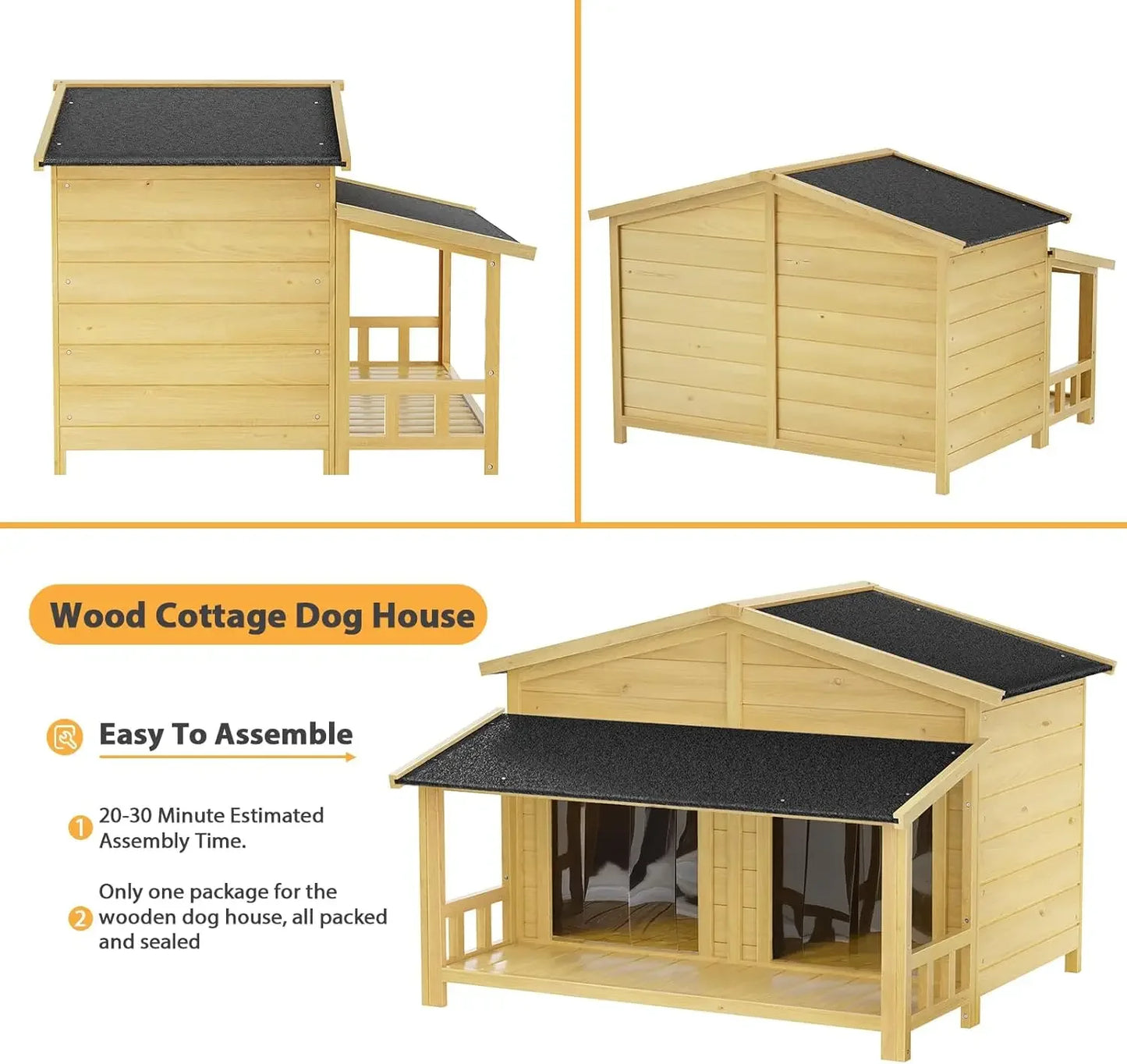 47.2" Dog House, Waterproof Dog Kennel, Wooden Outdoor and Indoor Dog House, Log Cabin Style with Porch,Elevated Floor, 2 Doors