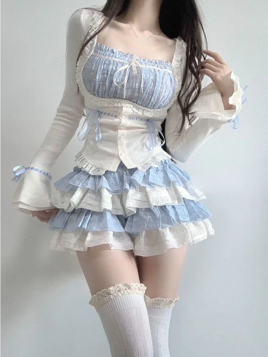 Kawaii Clothing 2 Piece Skirts Sets Autumn Casuall Japanese Style Y2k Crop Tops Blouse + Mini Skirts Vintage Lolita Suits