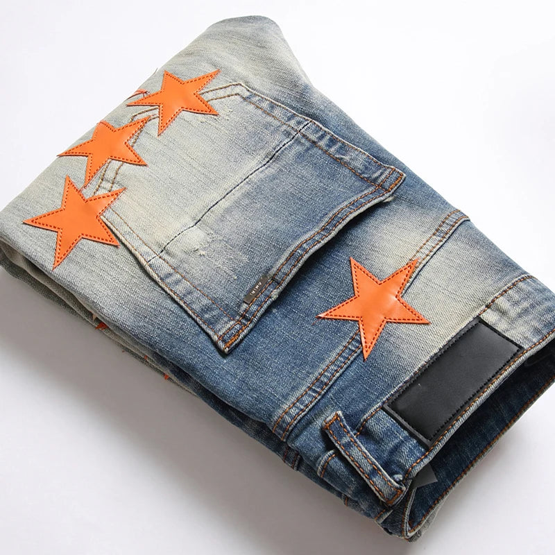 Men High Street Orange Star Embroidery Patch Jeans Men's Slim Fit Full Sky Star Denim Pants Jeans