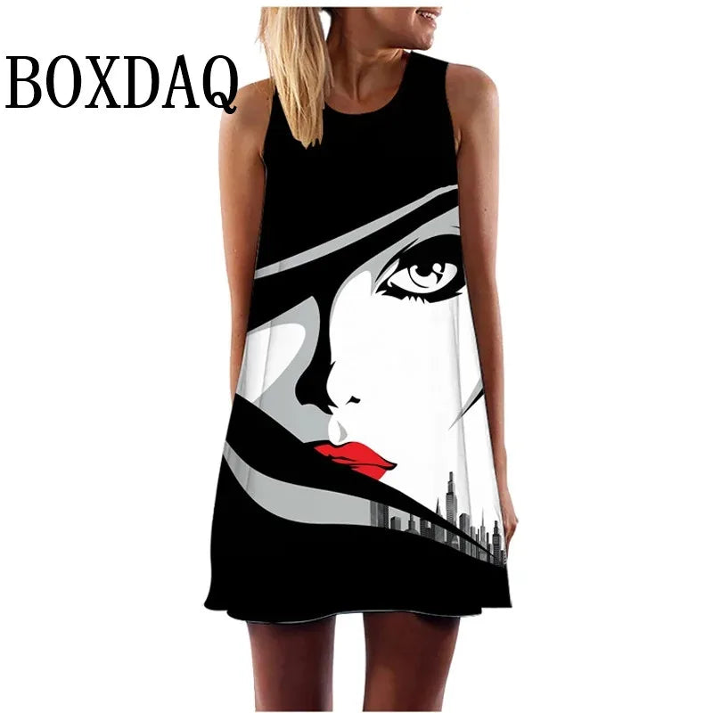 Dress Abstract Face Art Printed O-Neck Sleeveless Mini Dress Casual Loose Sweet A-Line Sundress