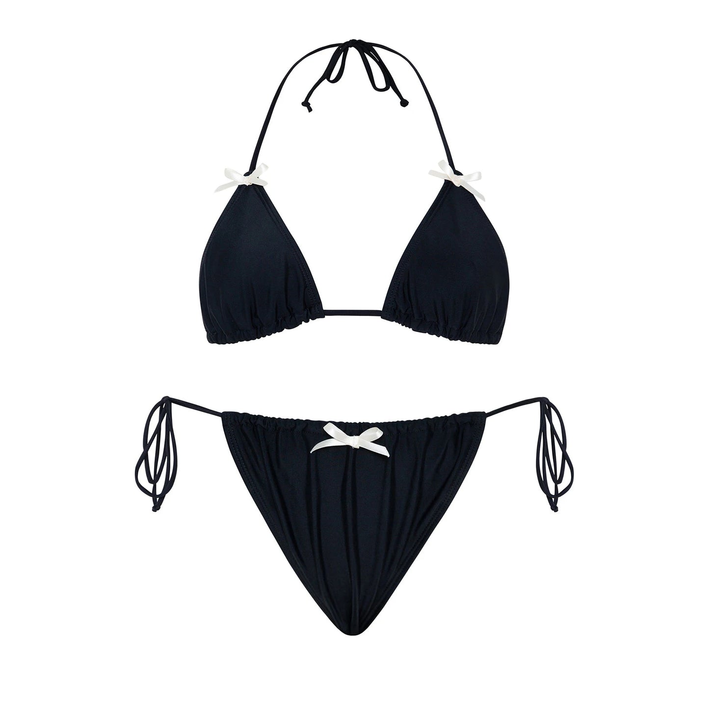 2 Pieces Bikini Swimsuits Bowknot Embellished Tie-Up Halter Neck Padded Bra Thong Bottoms Beach Bathing Suit Set