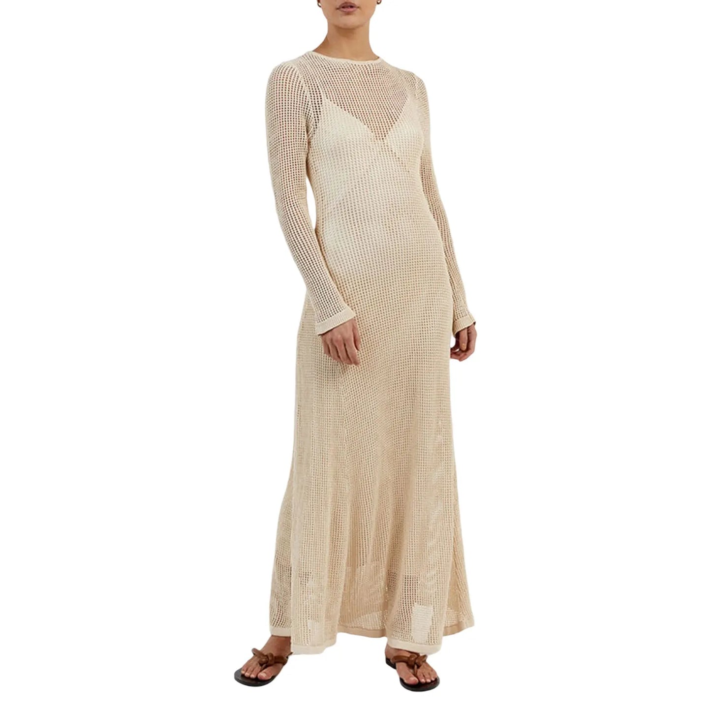 Yiiciovy Summer Beach Cover-Ups Women Long Sleeve Dress Knitted Cutout See-through Long Party Dress for Beach Club Streetwear