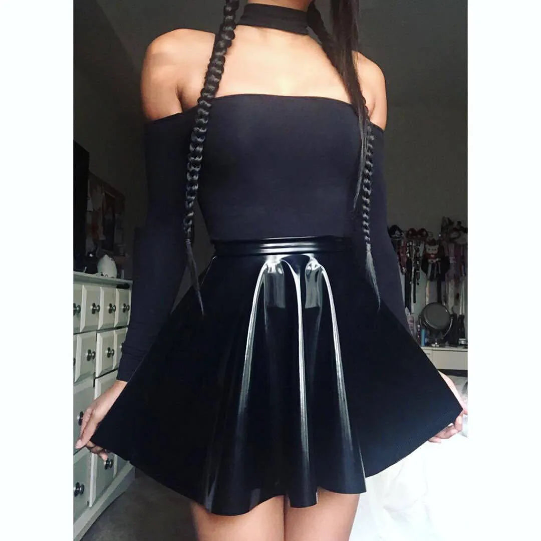 Goth Harajuku Punk PU Leather Skirt for Women Black Gothic Pleated A-line High Waist Short Mini Skater Skirt