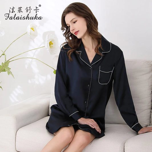 19 momme 100% Genuine Silk Dress Women sleepwear summer Short sleeve simple deep blue elegant lingerie ropa mujer dormir S5909