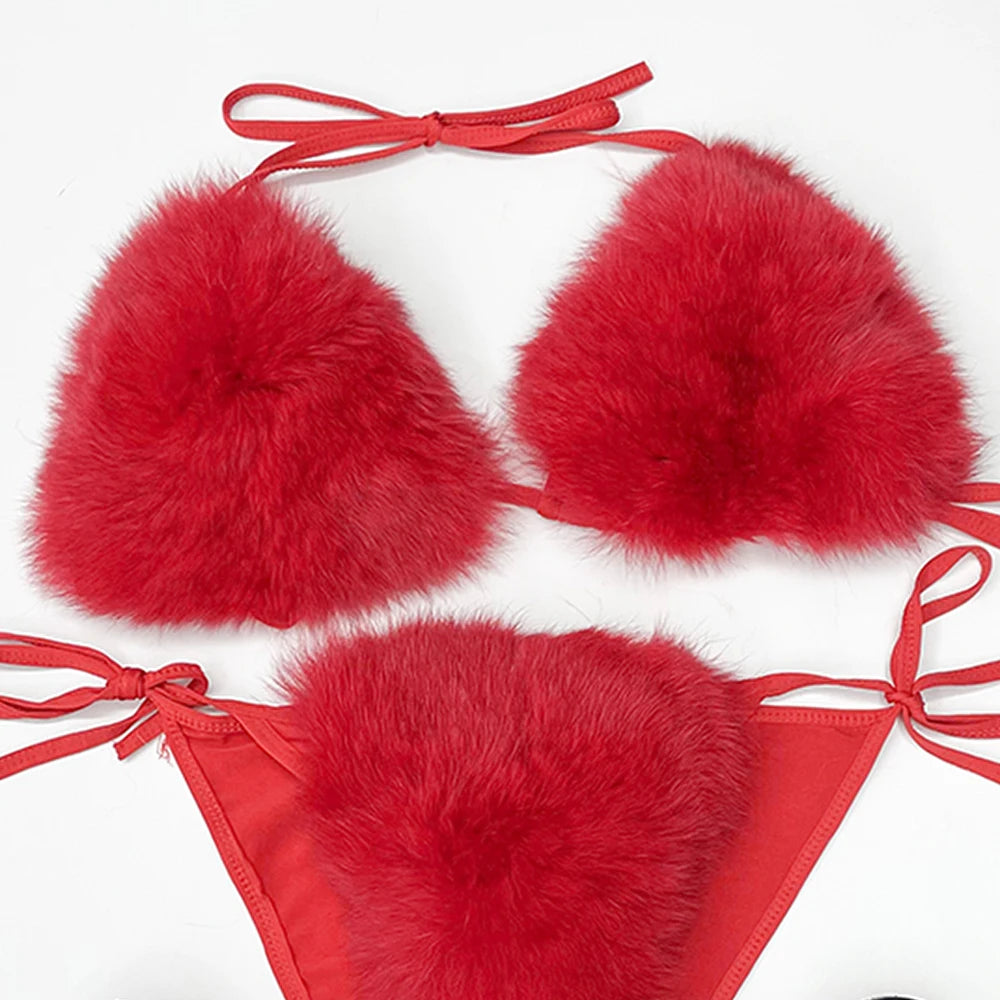 Janefur New Fashion Fancy Fur Bikini Set Luxury Furry Bra And  Fox Slides Slippers For Women