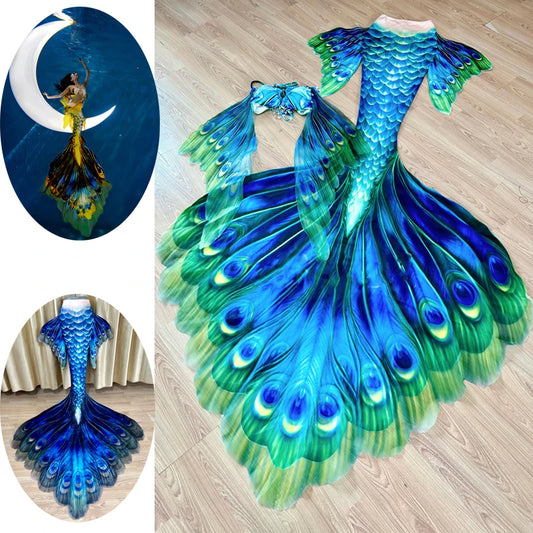 New Product Mermaid Swimsuit+Bra Adult Peacock Big Tail Fish Summer Beach Swimming Cosplay High-Quality 2-Piece Swimsuit