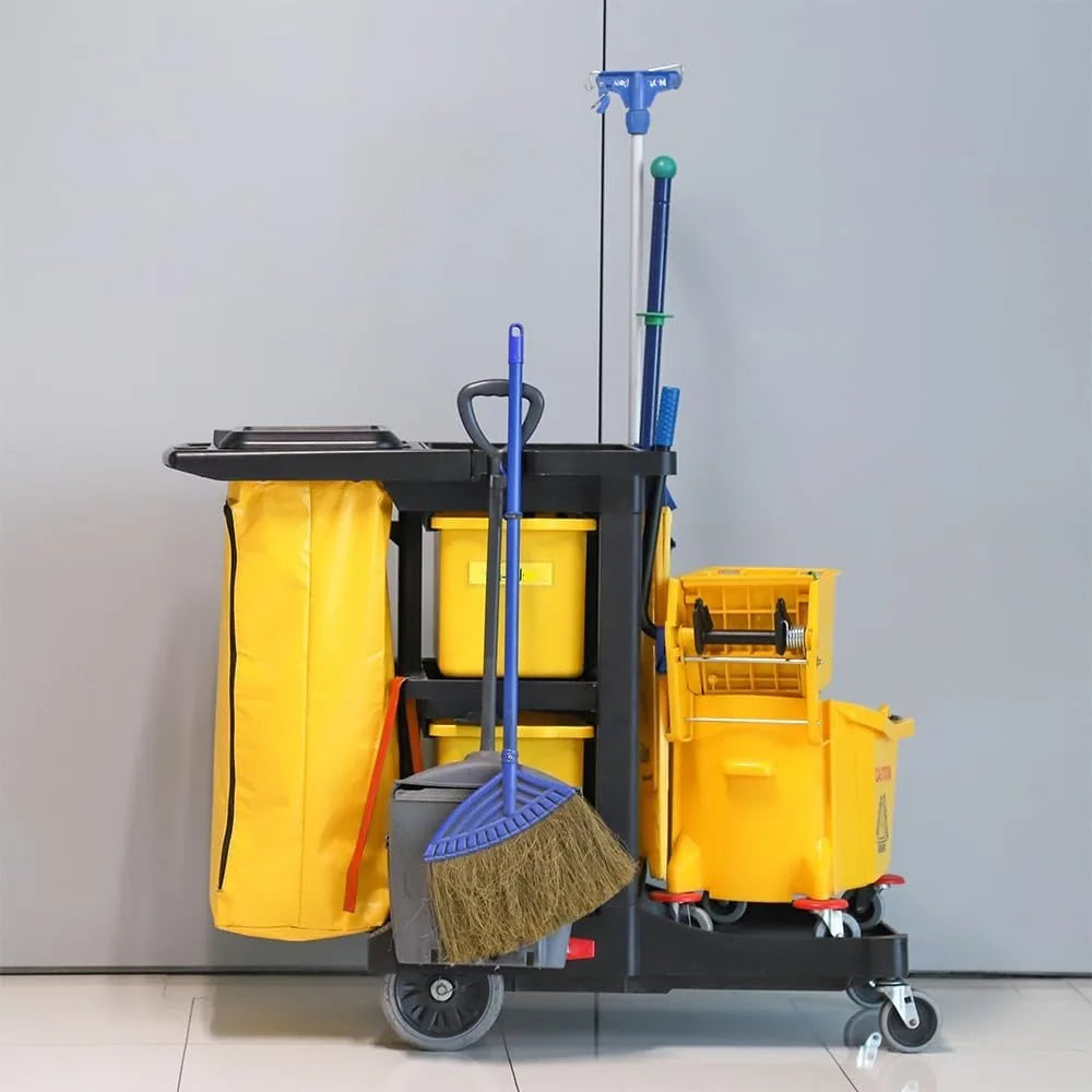 1 Heavy-Duty Janitorial Cart - With 3 Shelves, 20-Gallon Nylon Bag, Plastic Housekeeping 44.3 x 20.1 x 37.8 Cleaning Cart