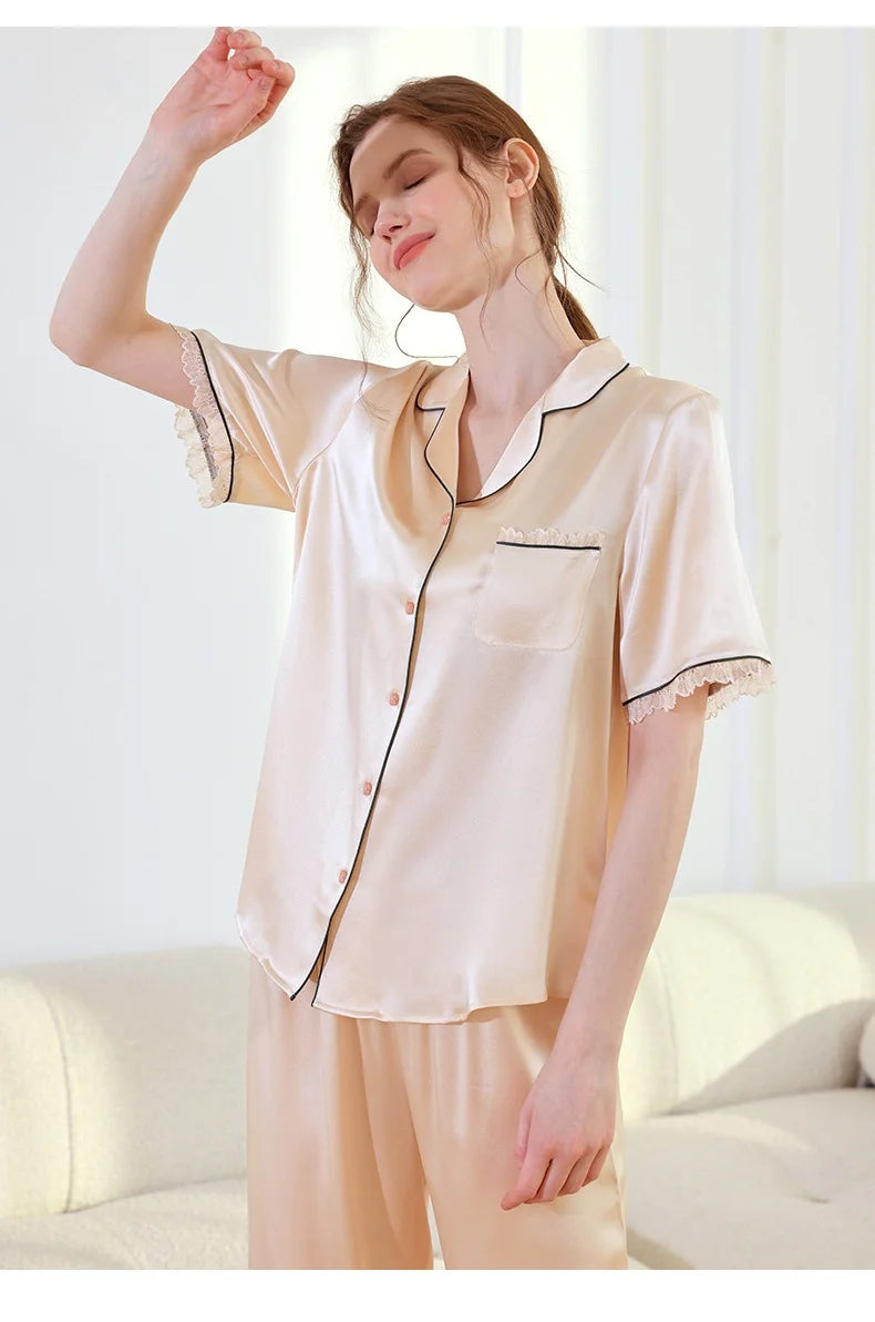 19mm 100% silk pajamas women short sleeve two pieces lounge  set women pajama Lingerie ladies Sleepwear for sleeping