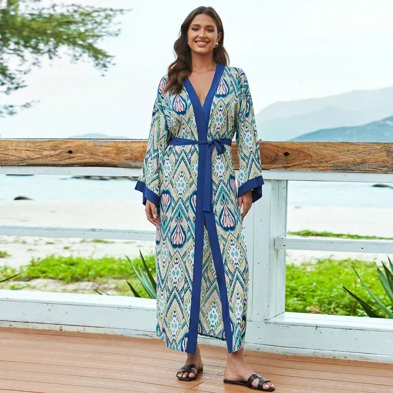 Bohemian Printed Summer Beach Wear Bikini Wrap Dress Tunic Summer Women Swimsuit Cover-ups