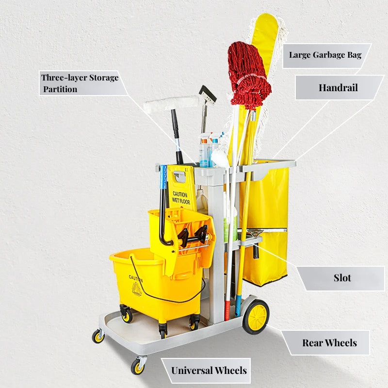 Multi-function Plastic Cleaning Cart Housekeeping Trolley Restaurant Hotel Cleaning Trolley Cart with Wheels