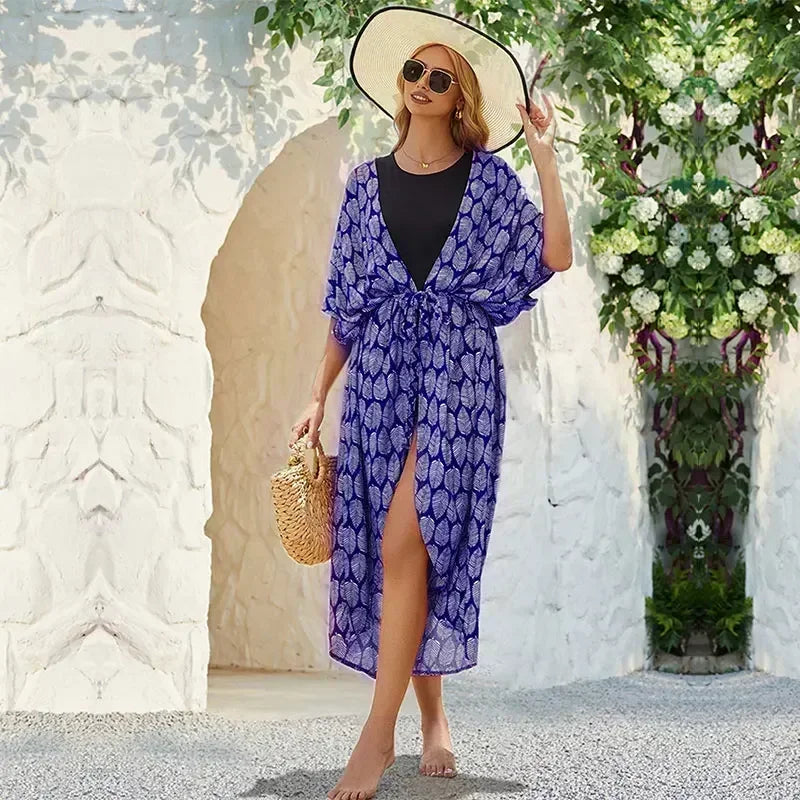 Bohemian Printed Summer Beach Wear Bikini Wrap Dress Tunic Summer Women Swimsuit Cover-ups