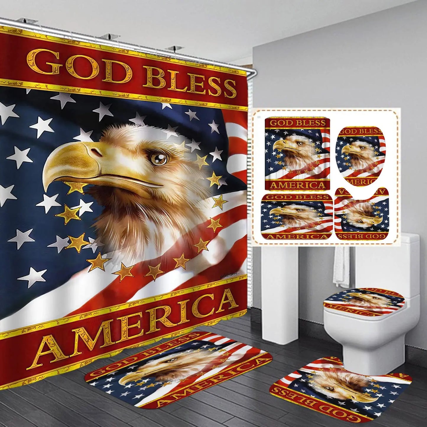 USA Flag American Bald Eagle Shower Curtain Set Non-Slip Rug Toilet Lid Cover Bath Mat Independence Day Patriotic Bathroom Sets