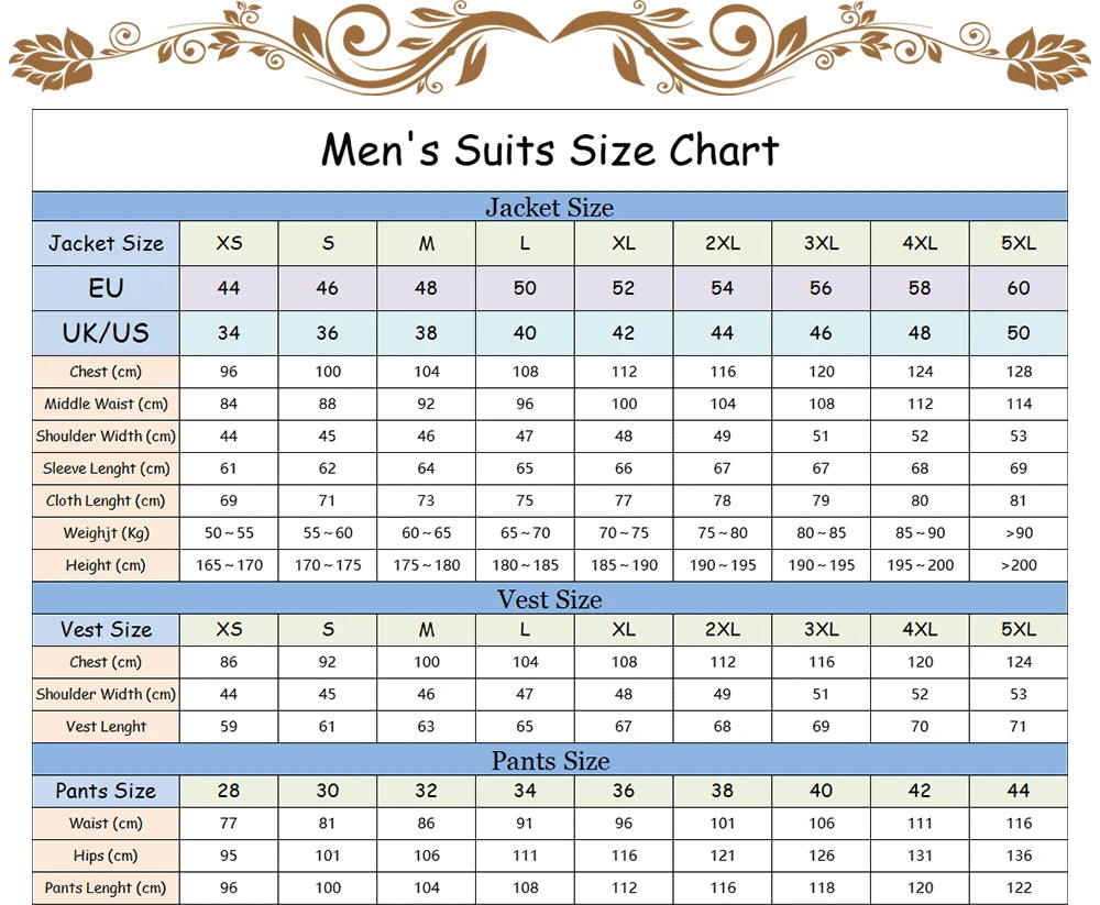 Slim Fit Men Suits For Wedding 3 Pieces (Blazer+Vest+ Pants) Peak Lapel Formal Business Groom Wear Tuxedos