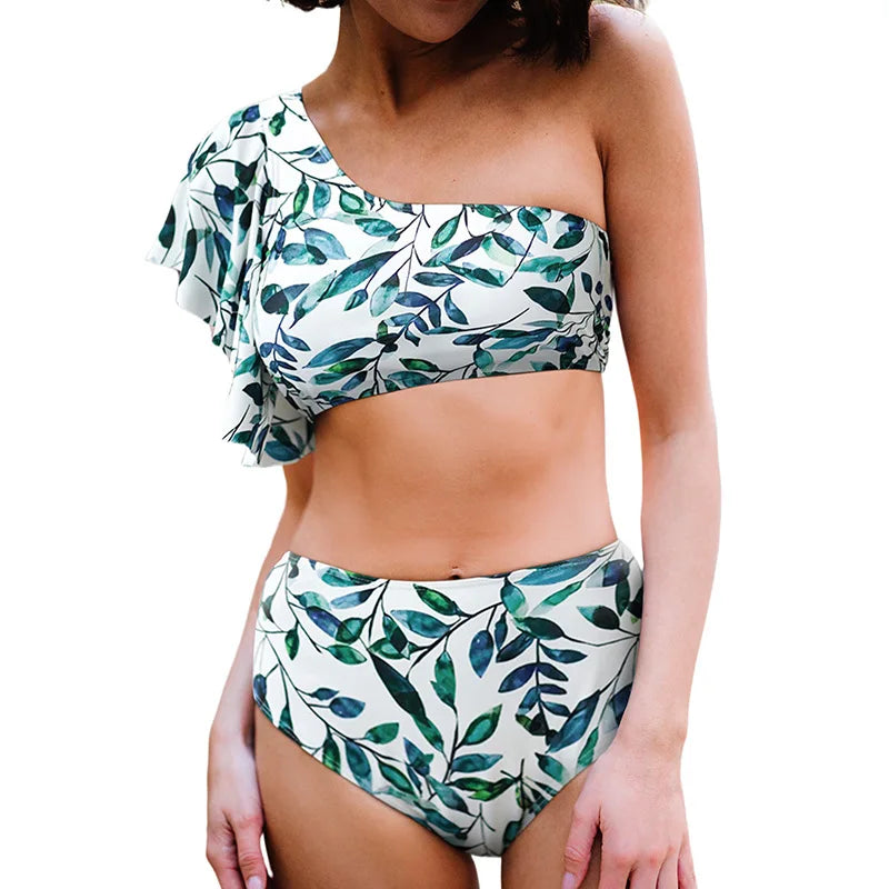 Bikini Flower Print Swimsuit  Vacation One-shoulder Flounces Split  High-waisted 2 Pieces Swimwear