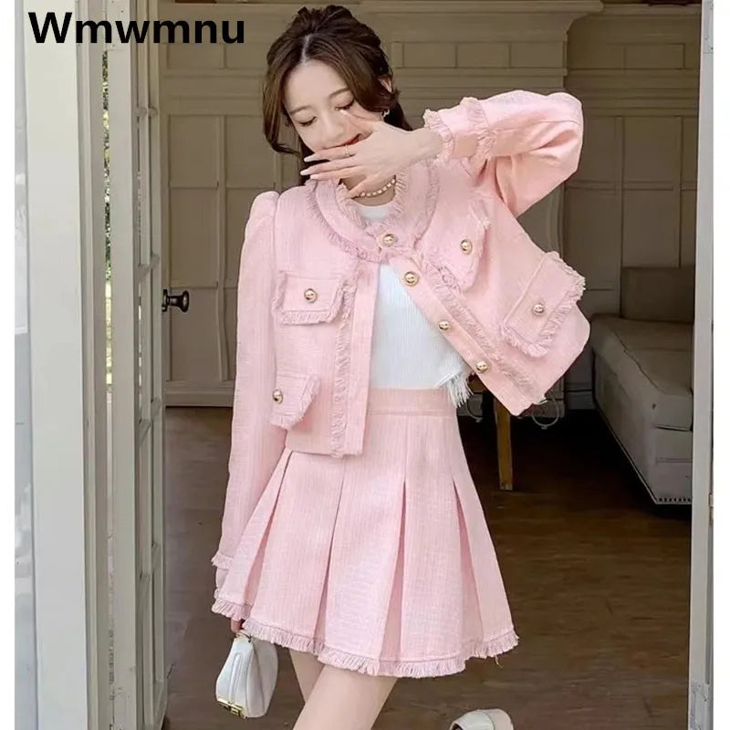 Korean Womens Tweed Skirt 2 Piece Set Y2k Vintage Jackets Tops Suit Mini Pleated Faldas Outfit Spring Fall Fashion Conjuntos New