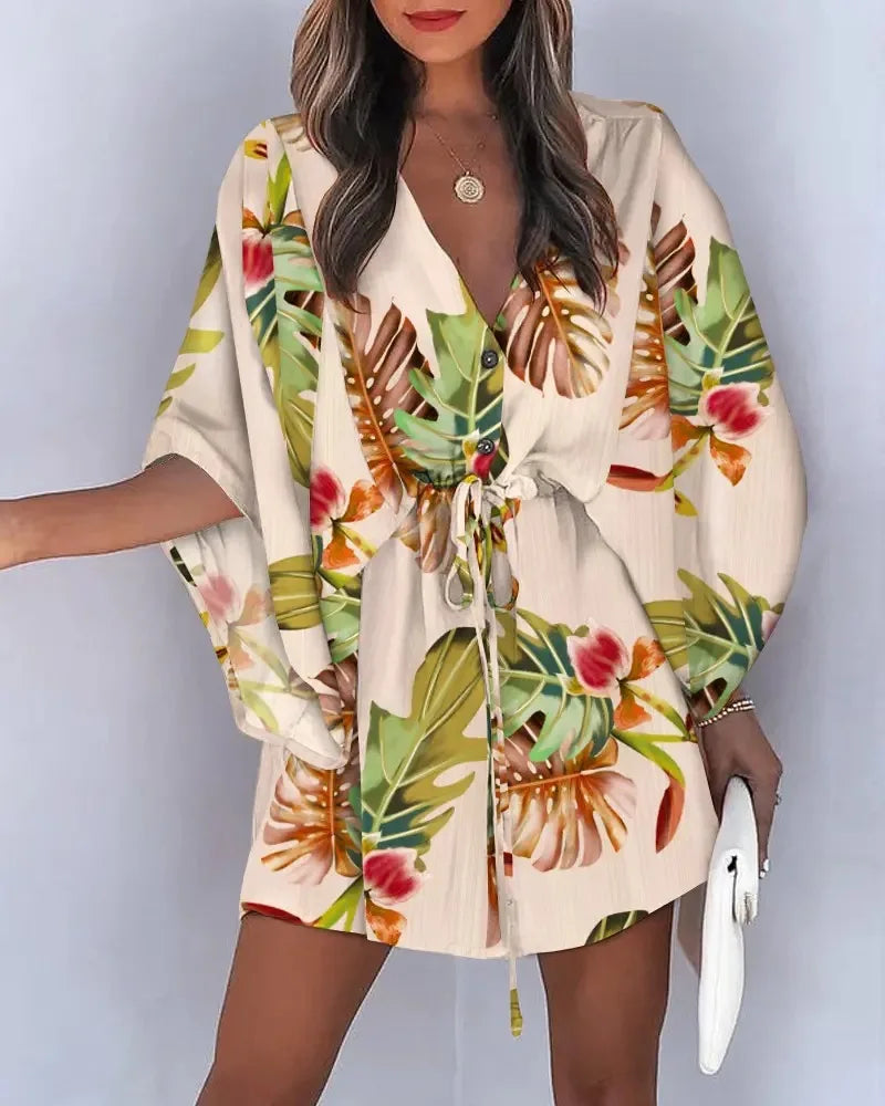 V-neck Flared Sleeve Cover Up For Woman Navy Loose Lace Up Holiday Beach 2024 Summer  Dress Beachwear Vestidos Verano Moda 2024