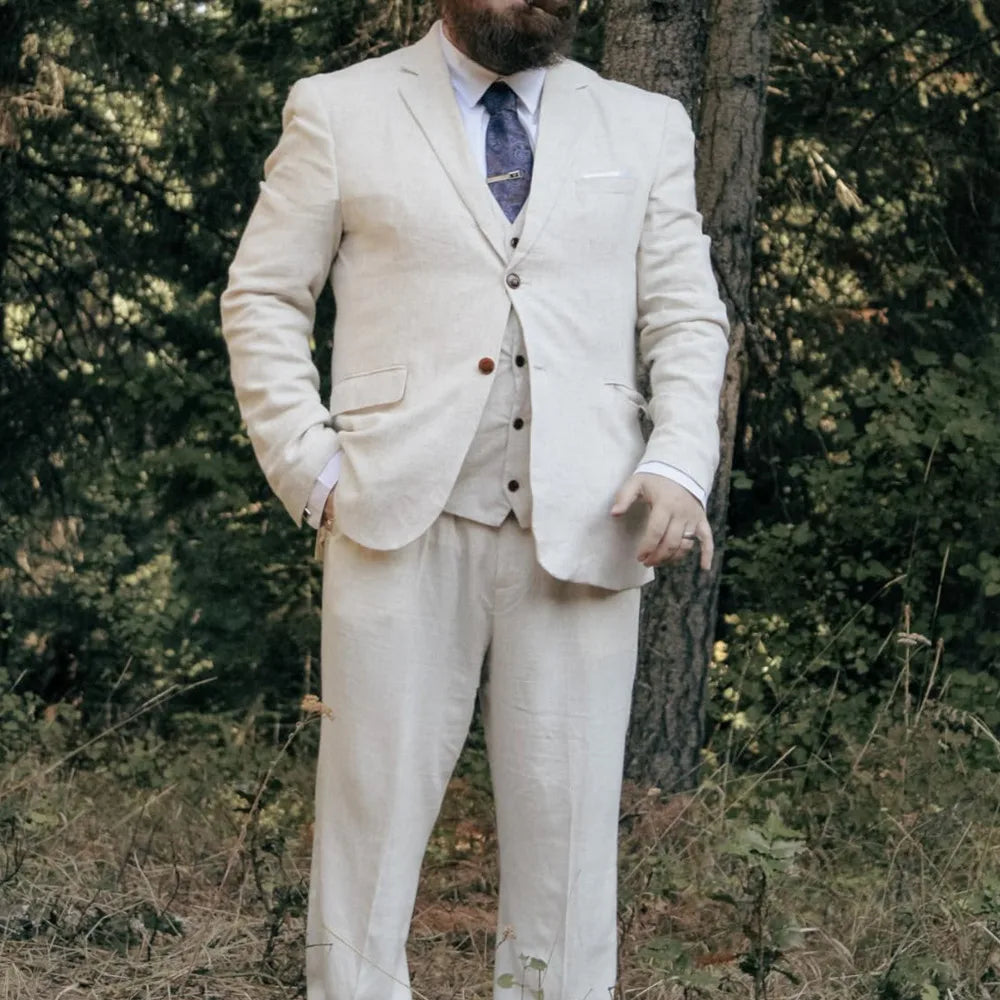3 Piece Men's Retro Linen Men Suit Beach Wedding Suit Summer Slim Fit   Linen Suit Groomsmen For Wedding（Blazer+Vest+Pants)