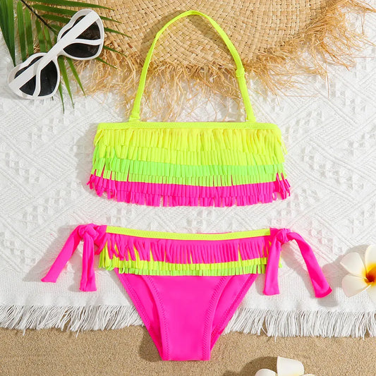 Girls Patchwork Fringe Bikini Swimsuit Kids Halter Top Two Piece Children's Swimwear 5-12 Years Tie Side Bathing Suit Beachwear