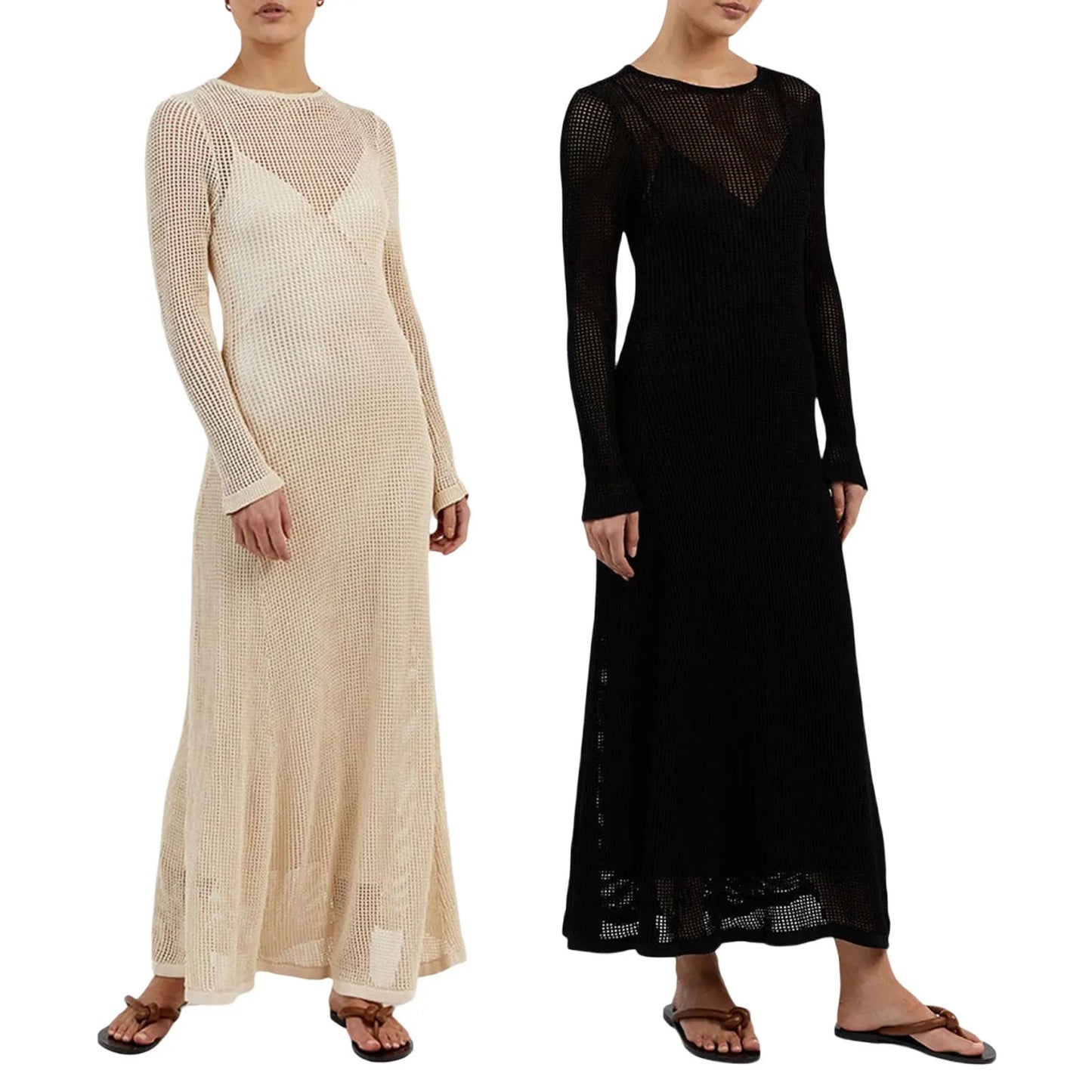 Yiiciovy Summer Beach Cover-Ups Women Long Sleeve Dress Knitted Cutout See-through Long Party Dress for Beach Club Streetwear