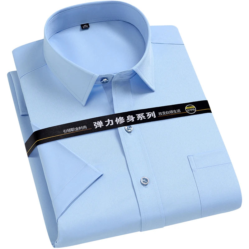 Men Short Sleeve Dress Shirt Summer Non-iron Solid Color Basic Business Formal Stretch Soft Wrinkle-resistant Casual Office Tops