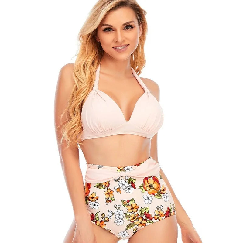 Retro High Waist Swimsuit for Women Halter 2 Piece Bathing Suit Ruffle Bikini Set Tummy Control Bikini