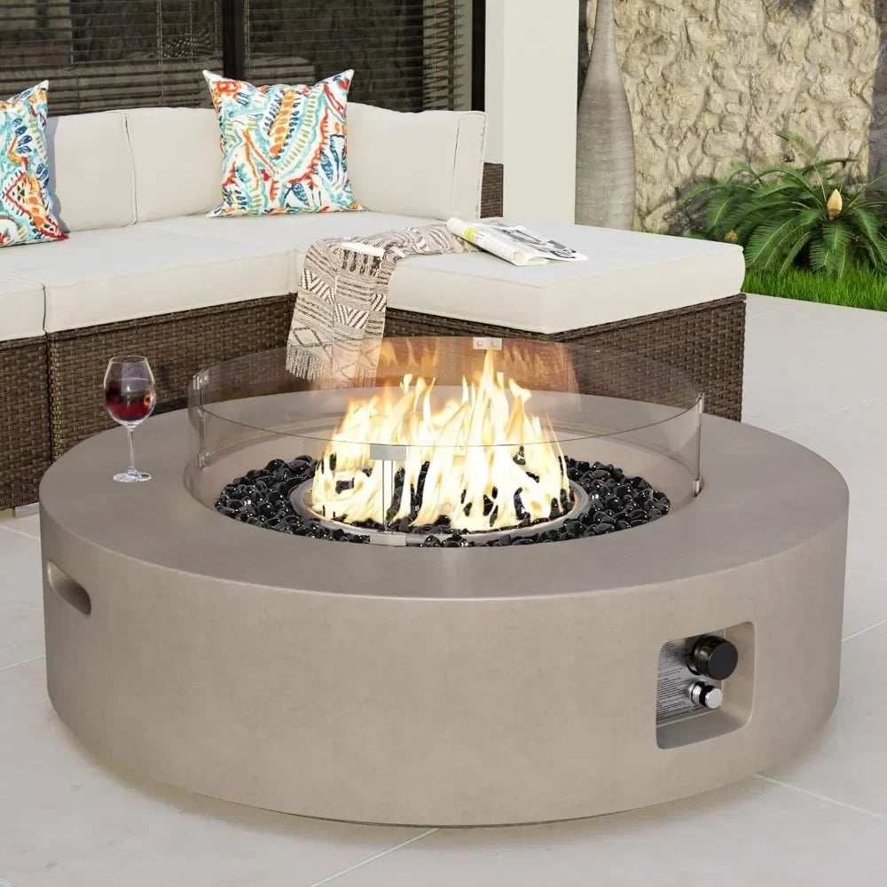 Outdoor Propane Fire Pit Coffee Table w Gray 40.5-inch Round Base Patio Heater, 50,000 BTU Stainless Steel Burner, Wind Guard