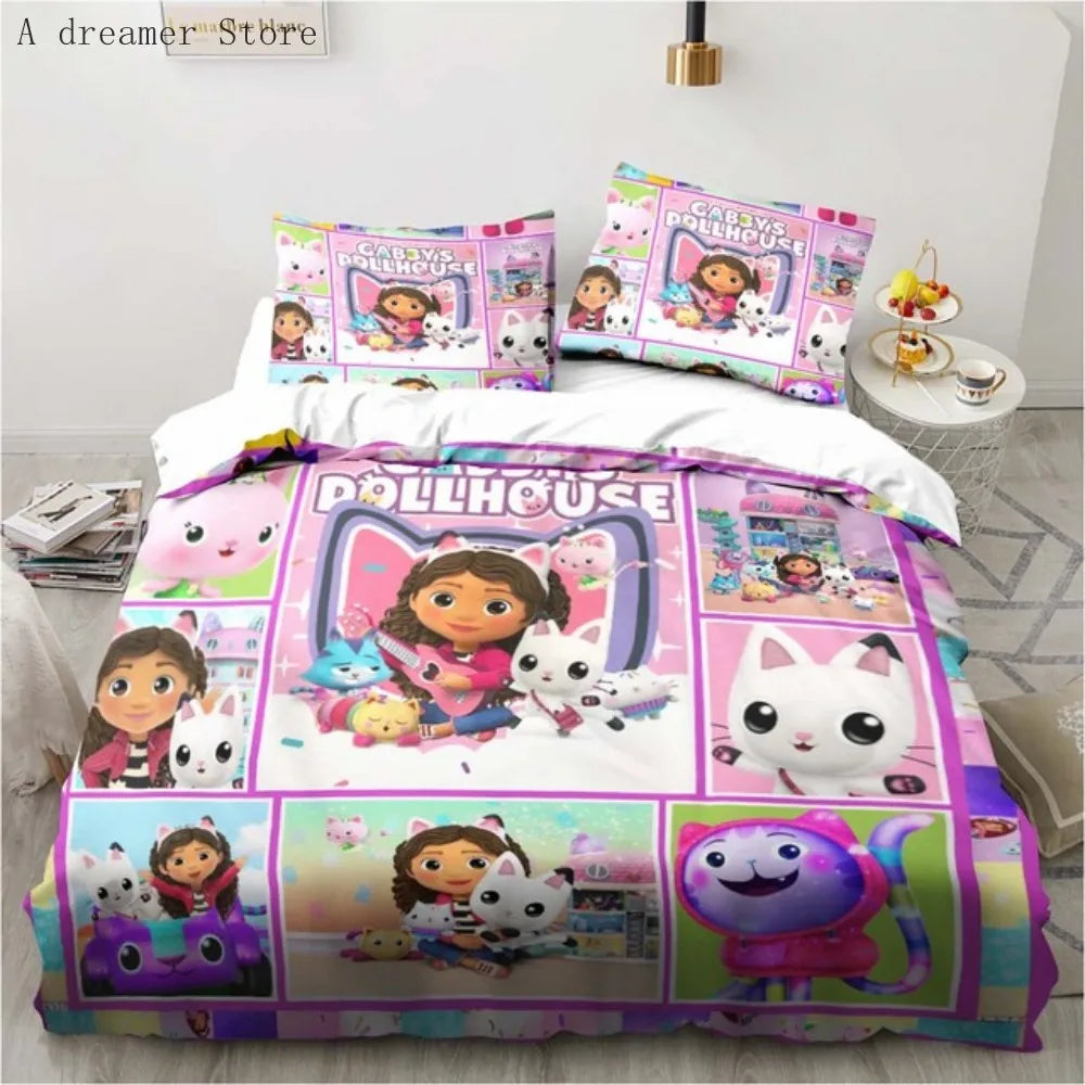 Gabbys Dollhouse Characters Bedding Set Cartoon Duvet Cover 2/3Pc Pink Bedclothes Single Double Queen King Size for Girl Bed Set