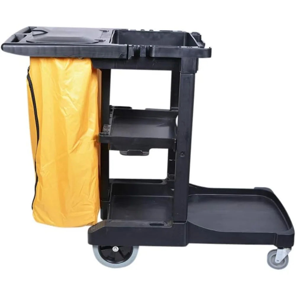 1 Heavy-Duty Janitorial Cart - With 3 Shelves, 20-Gallon Nylon Bag, Plastic Housekeeping 44.3 x 20.1 x 37.8 Cleaning Cart