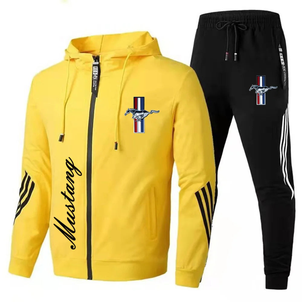 Men's Sportswear Ford Mustang Car Logo Printed Hooded Sweatshirt+Trousers Casual Fit Running Fitness Men's Sportswear 2PK