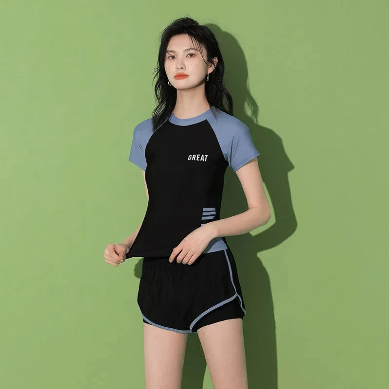 Fashion Women's Swimming Suit Ladies Patchwork Short Sleeve Swimwear 2023 Sports Pool Beachwear Two Piece Swimsuit With Shorts