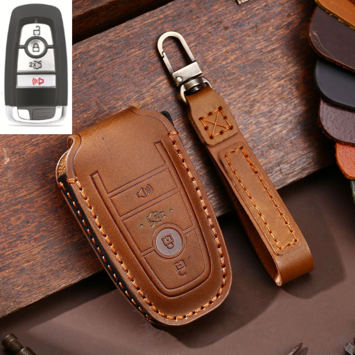 Leather Car Remote Key Case Cover For Ford Fusion Edge Mustang Explorer F150 F250 F350 Ecosport Protector Holder Shell Fob