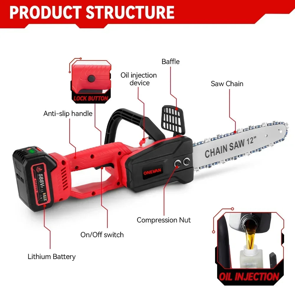 ONEVAN 12Inch Brushless Electric Chain Saw 6600W 20000RPM Cordless Handheld Chainsaw Graden Pruning Tools for Makita 18V Battery