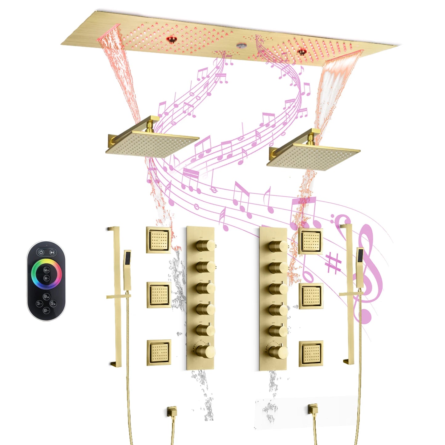 Ceiling Embedded 36*12inch Led Shower Head with Music Speaker Rain Waterfall Mist Bathroom Thermostatic Shower Faucet Set