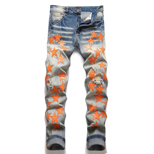 Men High Street Orange Star Embroidery Patch Jeans Men's Slim Fit Full Sky Star Denim Pants Jeans