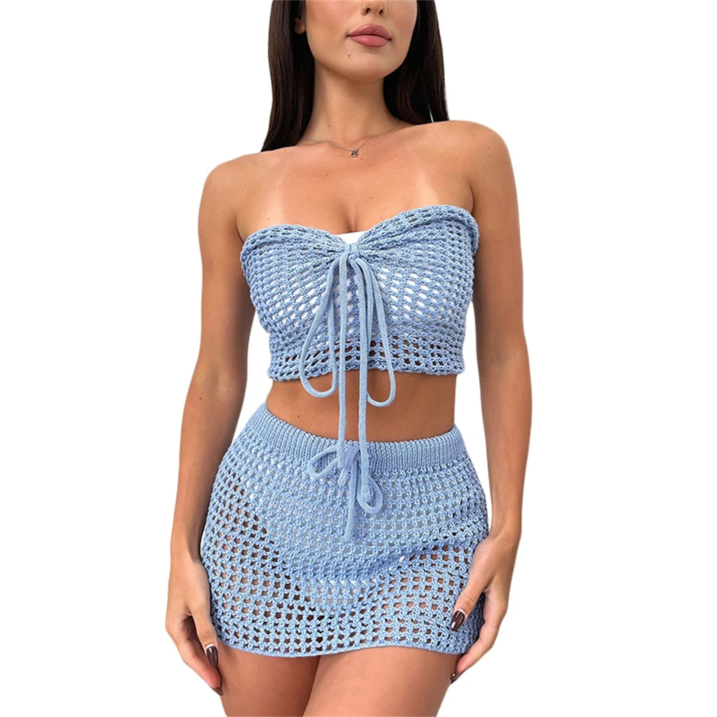 Mesh Knitted Cover Ups Sets Sleeveless Off Shoulder Hollow Out Crop Top+Bodycon Mini Skirts Sets Beach Swimming Summer Outfits