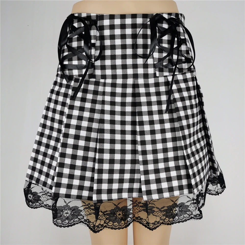 Lace Up Goth Y2K Woman Skirts Pink Stripe Plaid Lace Trim Pleated Punk Dark Academia Aesthetic E Girl Clothes Gothic Skirt