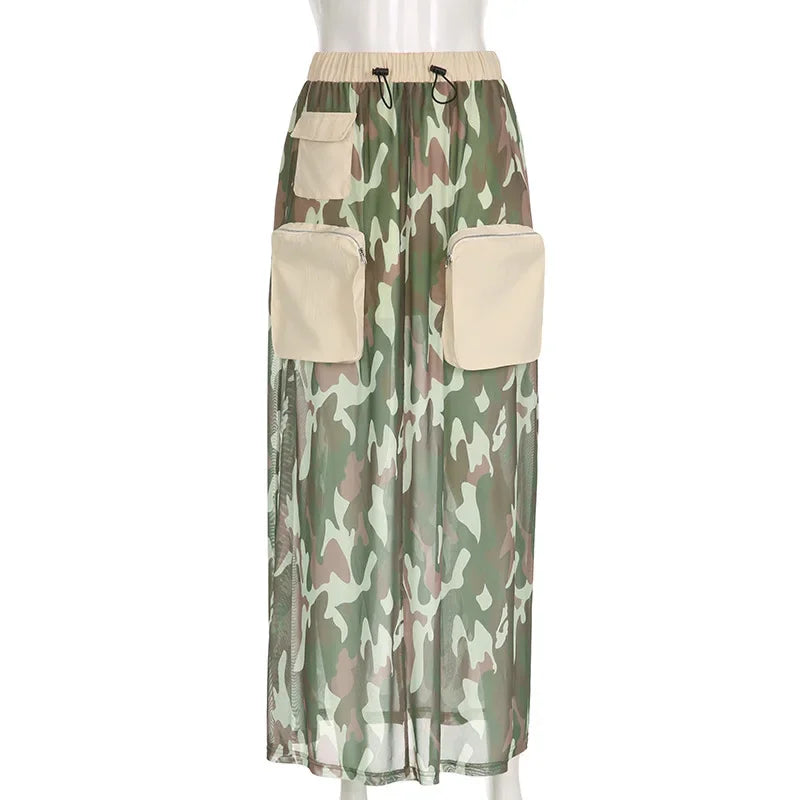 Street Fashion Women Camouflage Mesh Perspective Cargo Skirts Big Pockets Drawstring Skirts Patchwork Camo Long Baggy Skirts