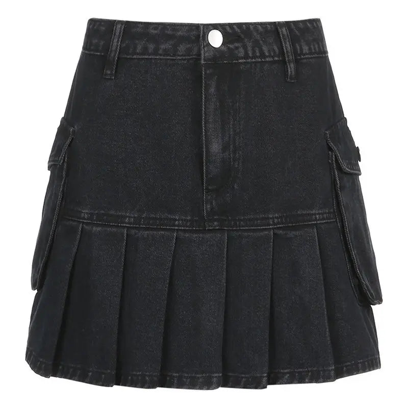 Goth Y2K Skirt Mujer High Waist Jeans Skirts E-girl Aesthetics Black Denim Pleated Skirts With Big Pockets Grunge Punk