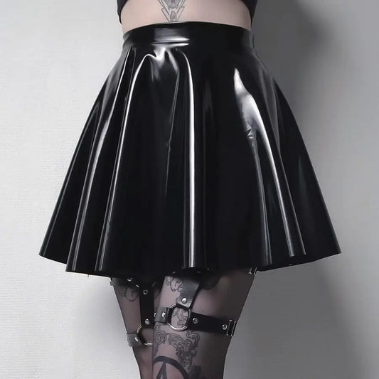 Goth Harajuku Punk PU Leather Skirt for Women Black Gothic Pleated A-line High Waist Short Mini Skater Skirt