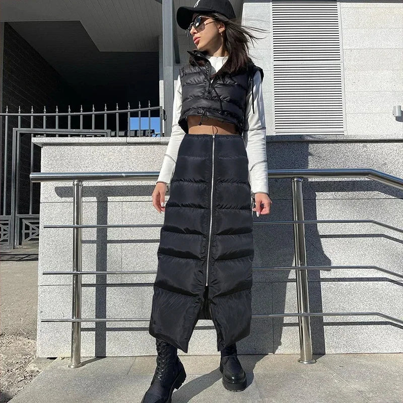 Fashion Women Winter Warm Puff Long Skirts Puffer Quilted Zipper High Waist Bubble Skirts Thicken Split Long Skirt Streetwear